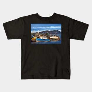 Fishing boats in evening light at Campbeltown, Scotland Kids T-Shirt